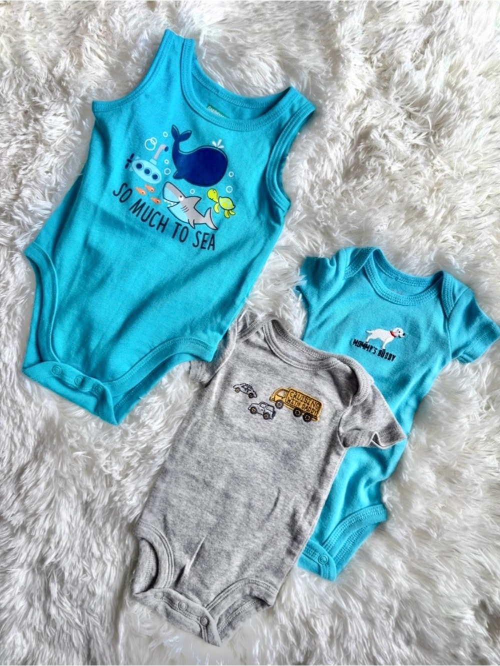 New Baby Boy 3 piece Bundle Bodysuits Baby Shower Gift Blue Gray Mommy Dog Truck